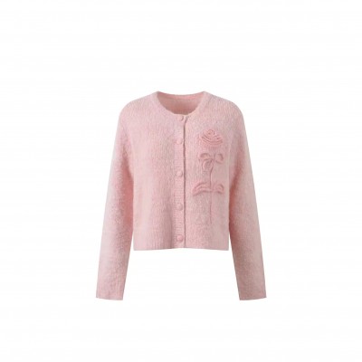 CELINE SOLID ROSE ACCENT O-NECK LONG SLEEVE KNIT CARDIGAN 